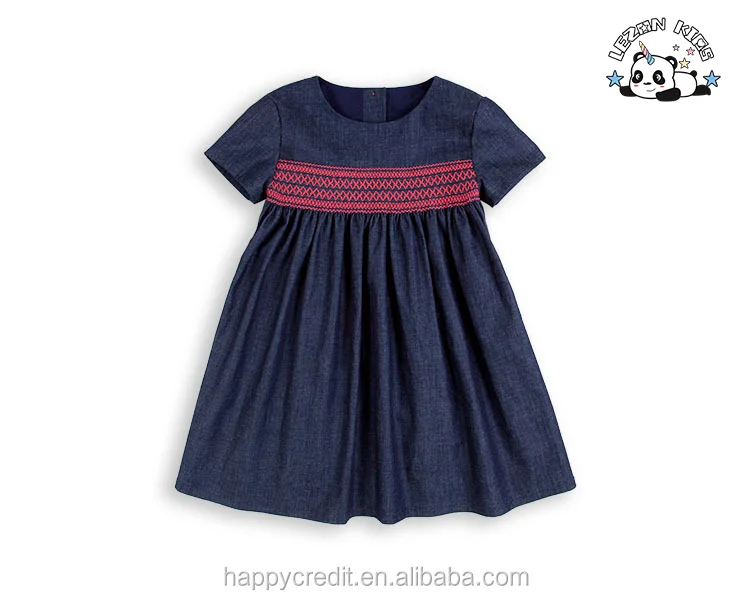 LEZONKIDS - Roupas infantis manga curta smocking uma peça vestido de jeans para meninas em azul